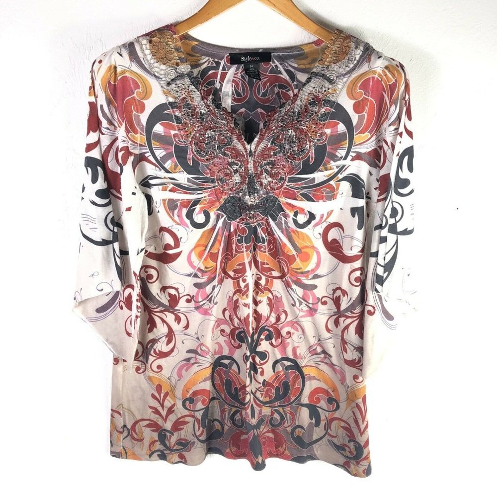 Style & Co Women's Boho Top Embellished Beaded Yoke & Butterfly Sleeves